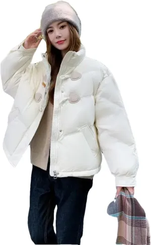 Women Horn Button Down Cotton-Padded Jacket Loose Cotton-Padded Jacket Short Winter Coat Cotton-Padded Jacket