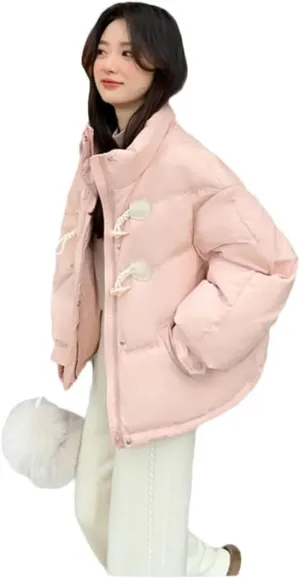 Women Horn Button Down Cotton-Padded Jacket Loose Cotton-Padded Jacket Short Winter Coat Cotton-Padded Jacket