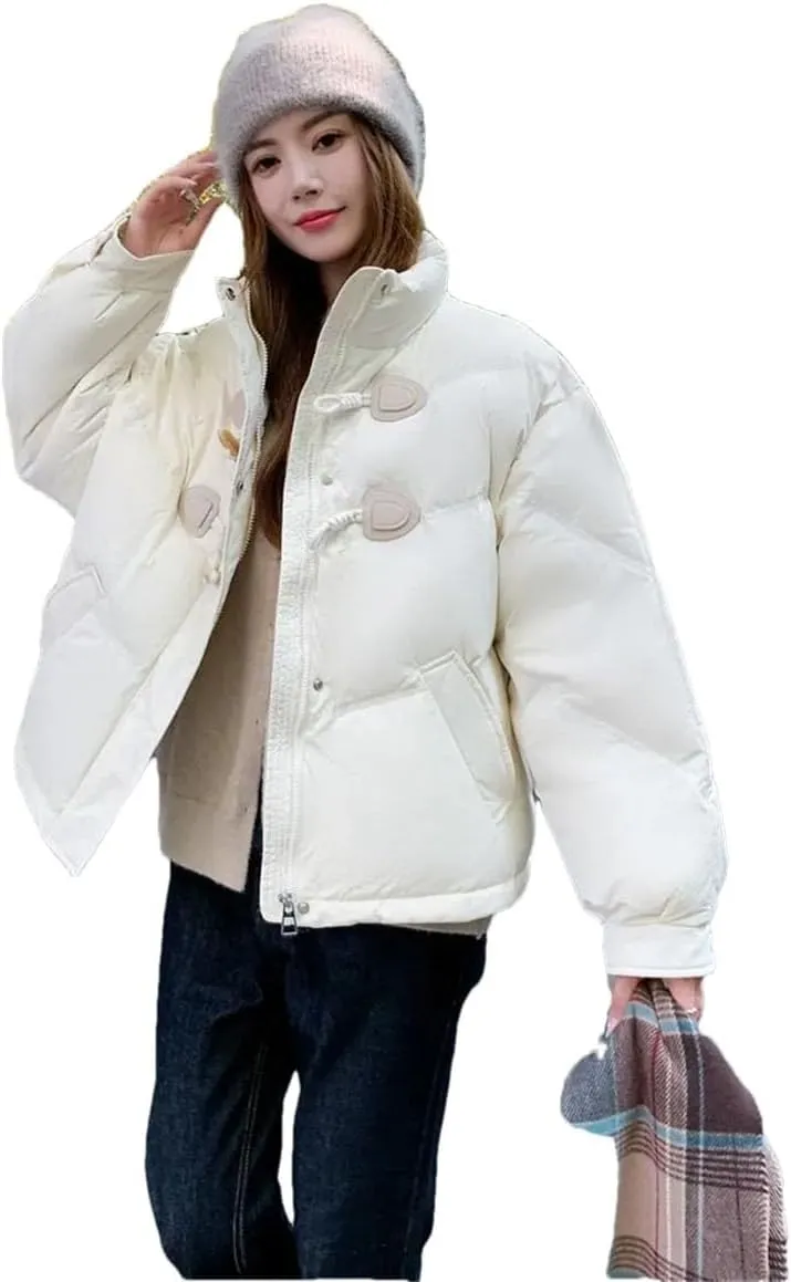 Women Horn Button Down Cotton-Padded Jacket Loose Cotton-Padded Jacket Short Winter Coat Cotton-Padded Jacket