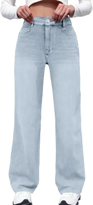Women Jeans, Tummy Control Jeans for Women Mid Rise Trendy Straight Leg Summer Plus Size Baggy Stretchy Trousers