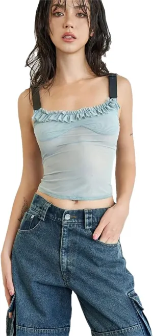 Women Patchwork Edge Camisole Y2K Mesh Metal Adjustment Clasp Low-Neck Sexy Tops