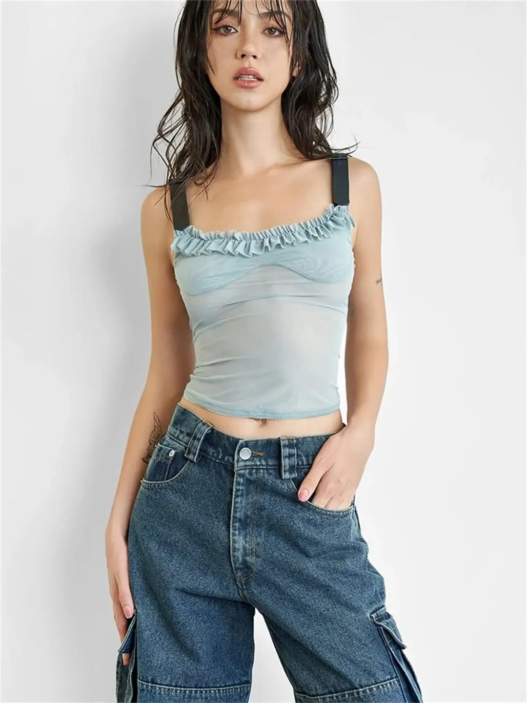 Women Patchwork Edge Camisole Y2K Mesh Metal Adjustment Clasp Low-Neck Sexy Tops