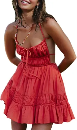 Women Solid Color Cami Dress Spaghetti Strap Ruffle A-Line Backless Sleeveless Slip Mini Dress