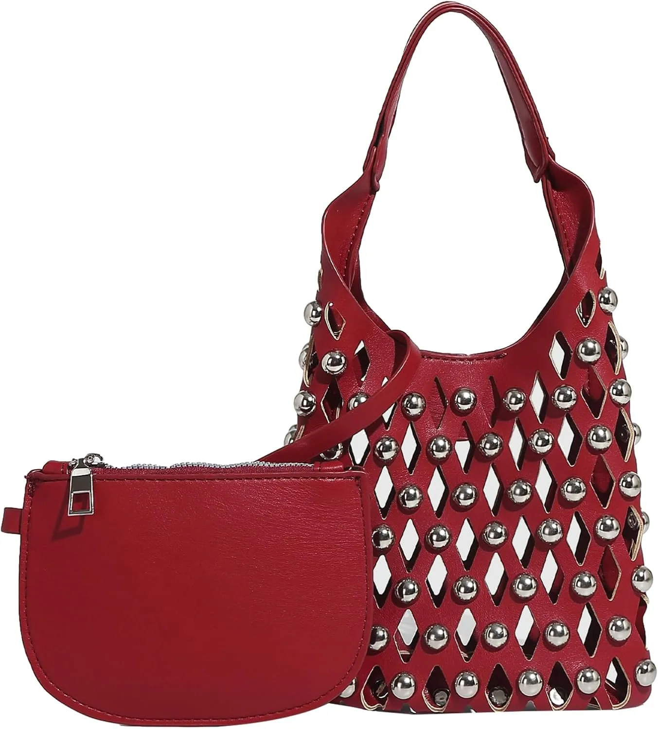 Women Studded Mesh Tote Handbag Hollow PU Leather Purse Punk Chain Crossbody Trendy Shoulder Bag Zip Pouch