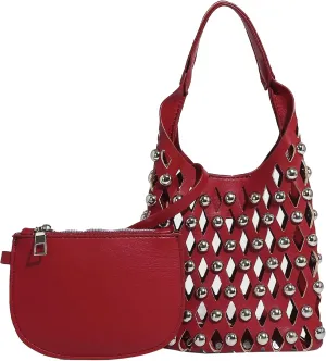 Women Studded Mesh Tote Handbag Hollow PU Leather Purse Punk Chain Crossbody Trendy Shoulder Bag Zip Pouch