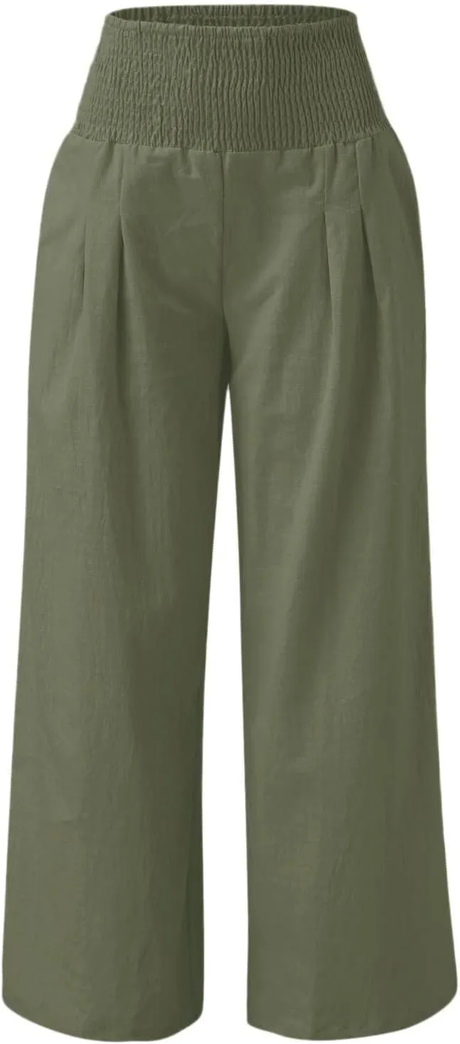 Women Summer High Waisted Linen Pants Casual High Waist Wide Leg Trousers with Pockets Loose Fit Flowy Paperbag Pants
