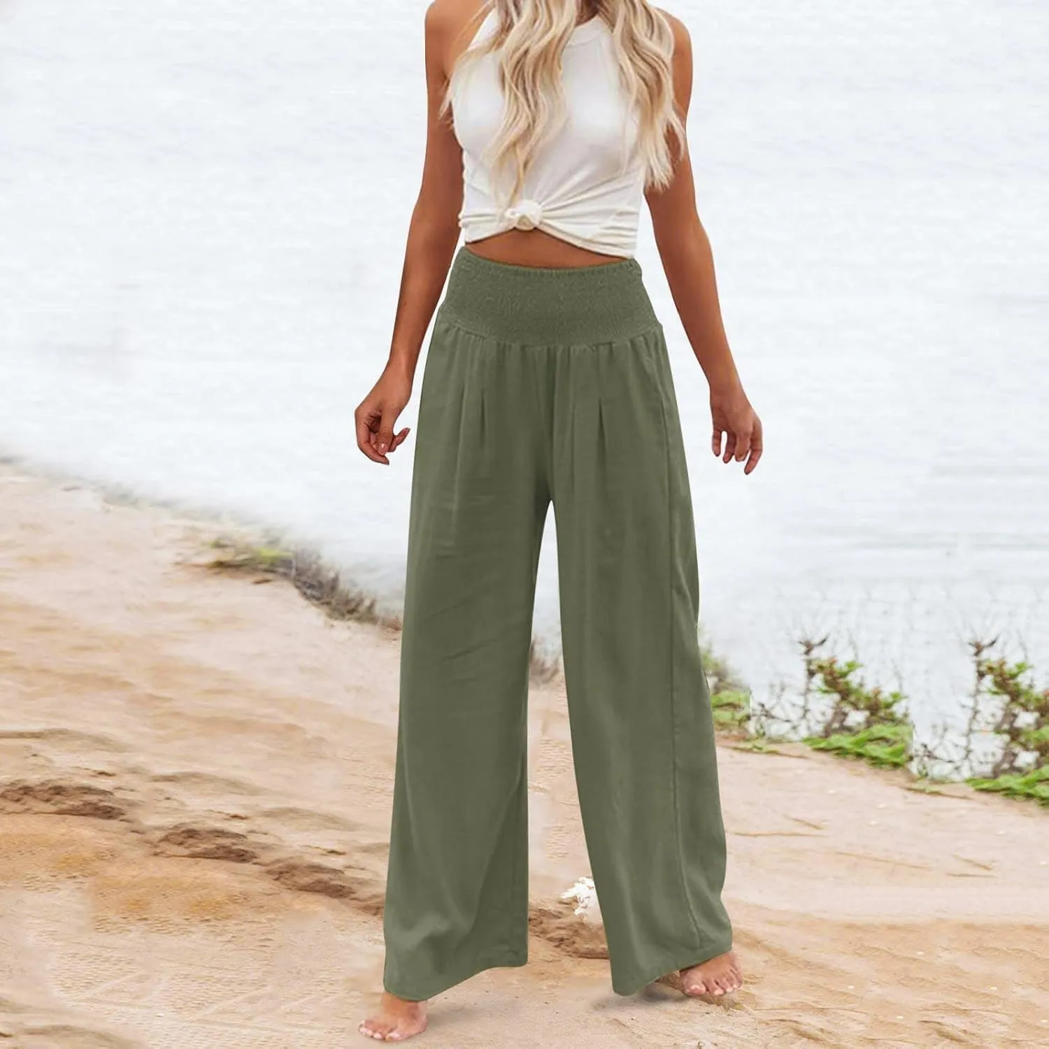 Women Summer High Waisted Linen Pants Casual High Waist Wide Leg Trousers with Pockets Loose Fit Flowy Paperbag Pants