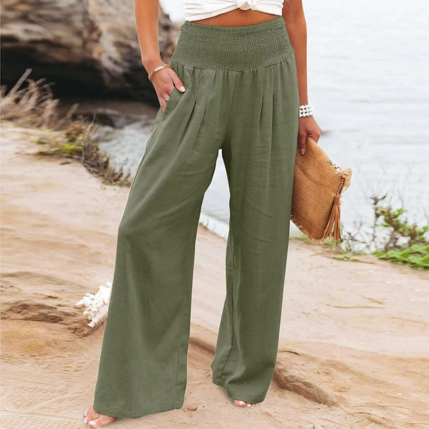 Women Summer High Waisted Linen Pants Casual High Waist Wide Leg Trousers with Pockets Loose Fit Flowy Paperbag Pants