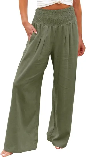 Women Summer High Waisted Linen Pants Casual High Waist Wide Leg Trousers with Pockets Loose Fit Flowy Paperbag Pants