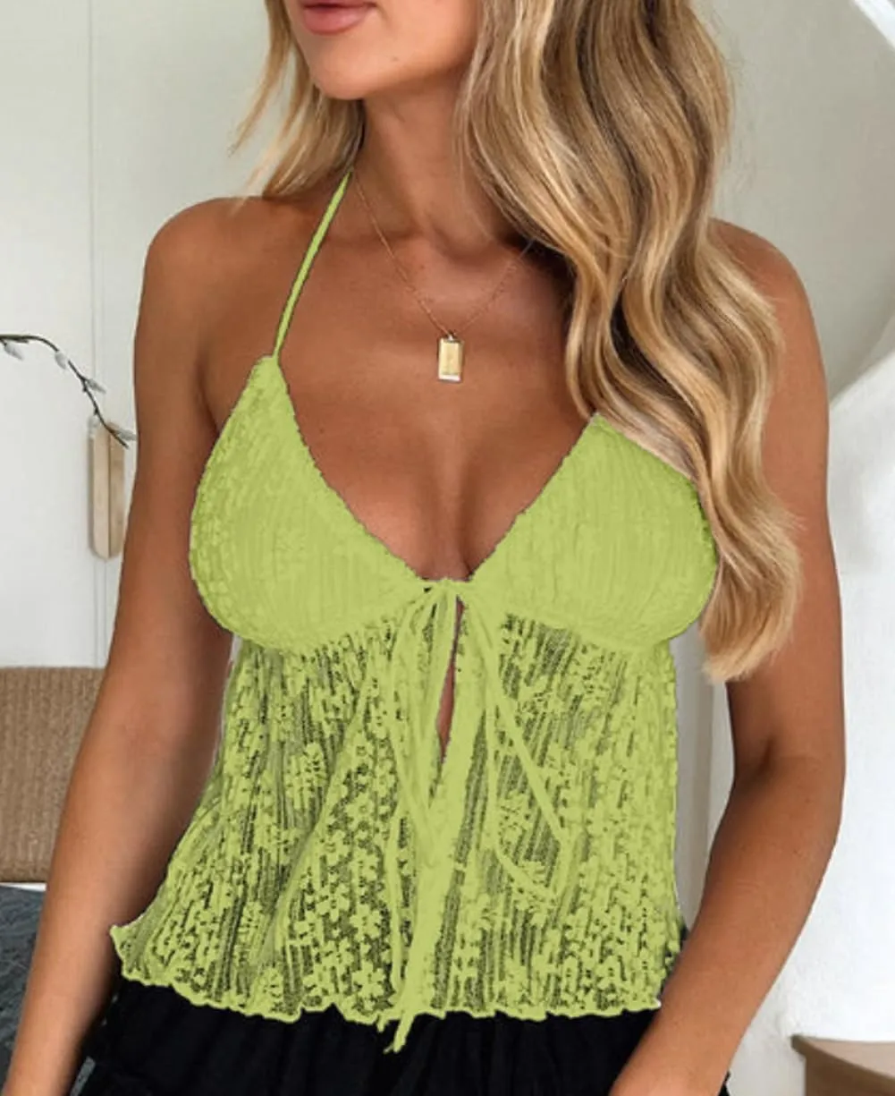 Women Tie Front Lace Top Halter Neck Cami Tank Sexy Y2k Going Out Tops Backless Cute Summer Flowy Vest Shirt
