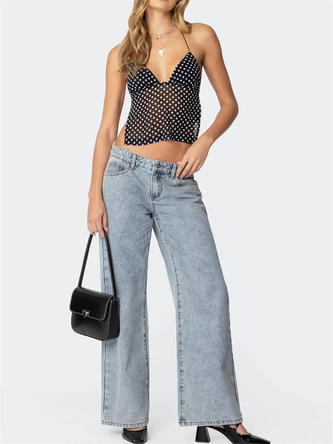 Women Y2k Polka Dot Cami Shirt Sexy V Neck Halter Tie Up Backless Mesh Camisole Coquette Going Out Tops with Scarf