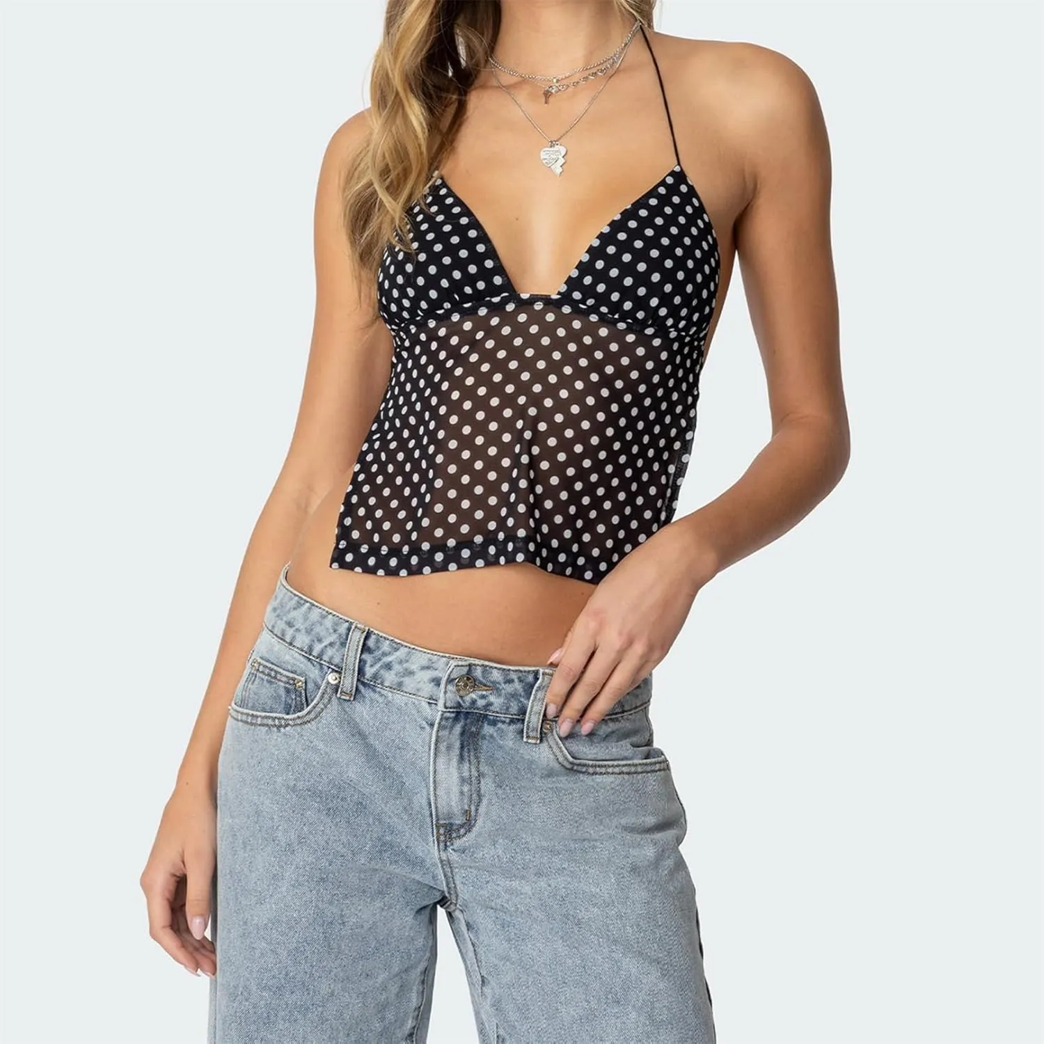 Women Y2k Polka Dot Cami Shirt Sexy V Neck Halter Tie Up Backless Mesh Camisole Coquette Going Out Tops with Scarf