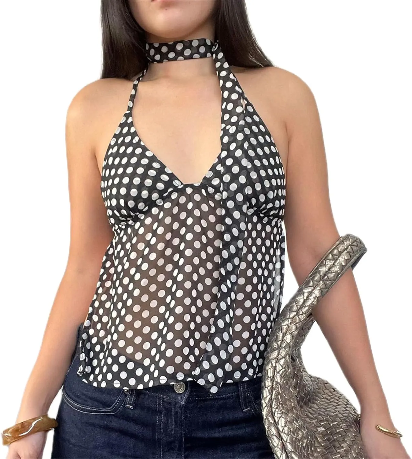 Women Y2k Polka Dot Cami Shirt Sexy V Neck Halter Tie Up Backless Mesh Camisole Coquette Going Out Tops with Scarf