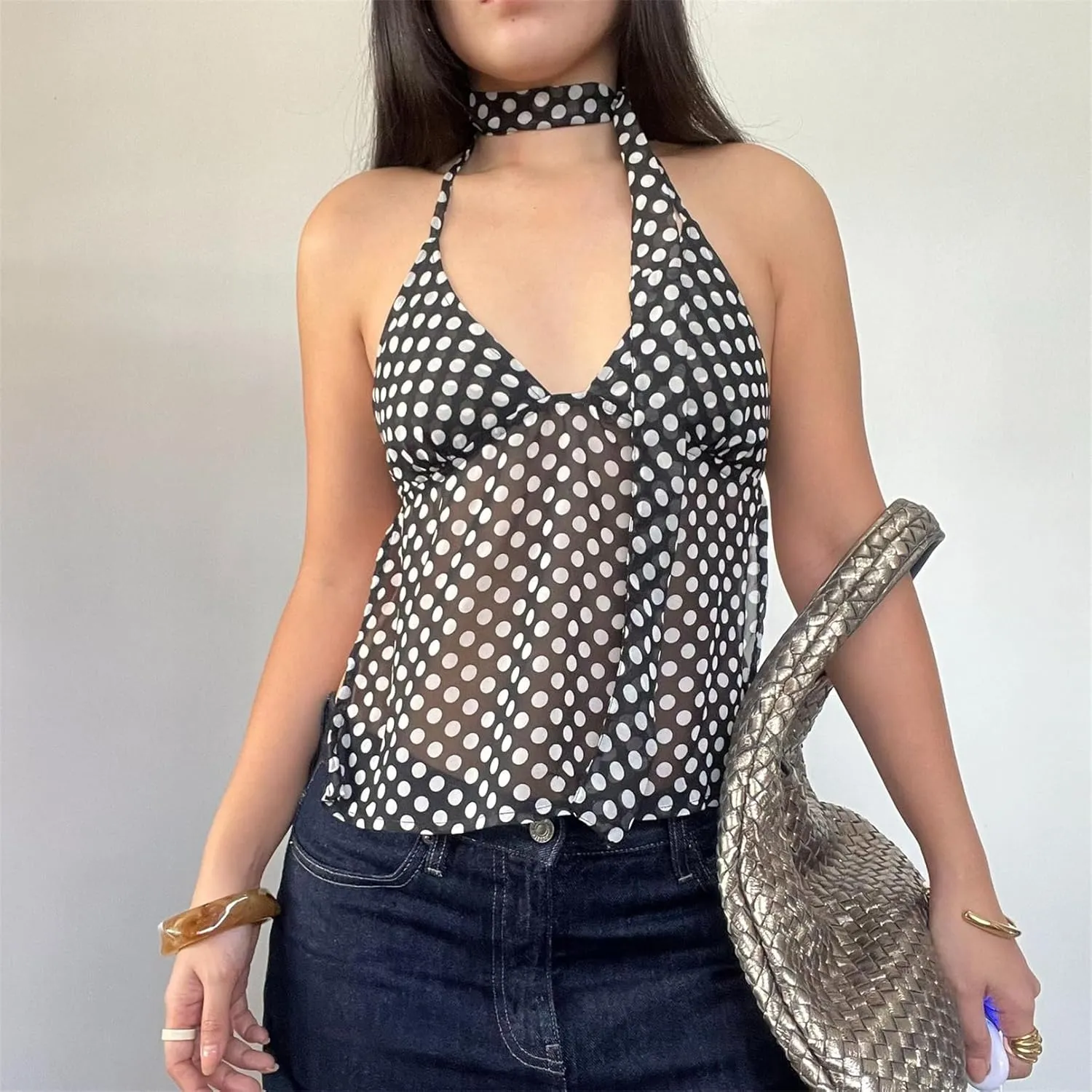 Women Y2k Polka Dot Cami Shirt Sexy V Neck Halter Tie Up Backless Mesh Camisole Coquette Going Out Tops with Scarf