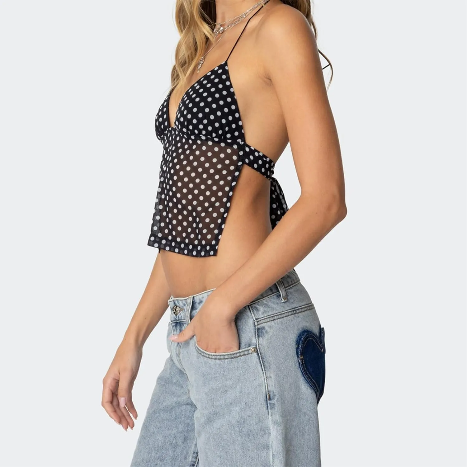 Women Y2k Polka Dot Cami Shirt Sexy V Neck Halter Tie Up Backless Mesh Camisole Coquette Going Out Tops with Scarf