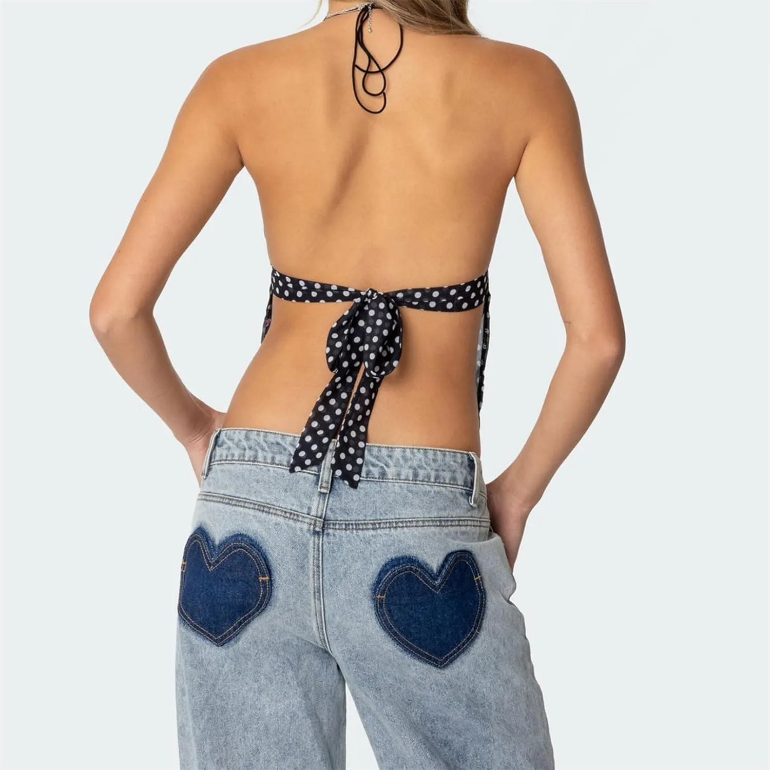 Women Y2k Polka Dot Cami Shirt Sexy V Neck Halter Tie Up Backless Mesh Camisole Coquette Going Out Tops with Scarf