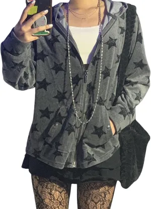 Women Y2K Zip Up Hoodies Graphic Printed Oversized Sweatshirts Vintage Long Sleeve Harajuku Jackets Streetwear