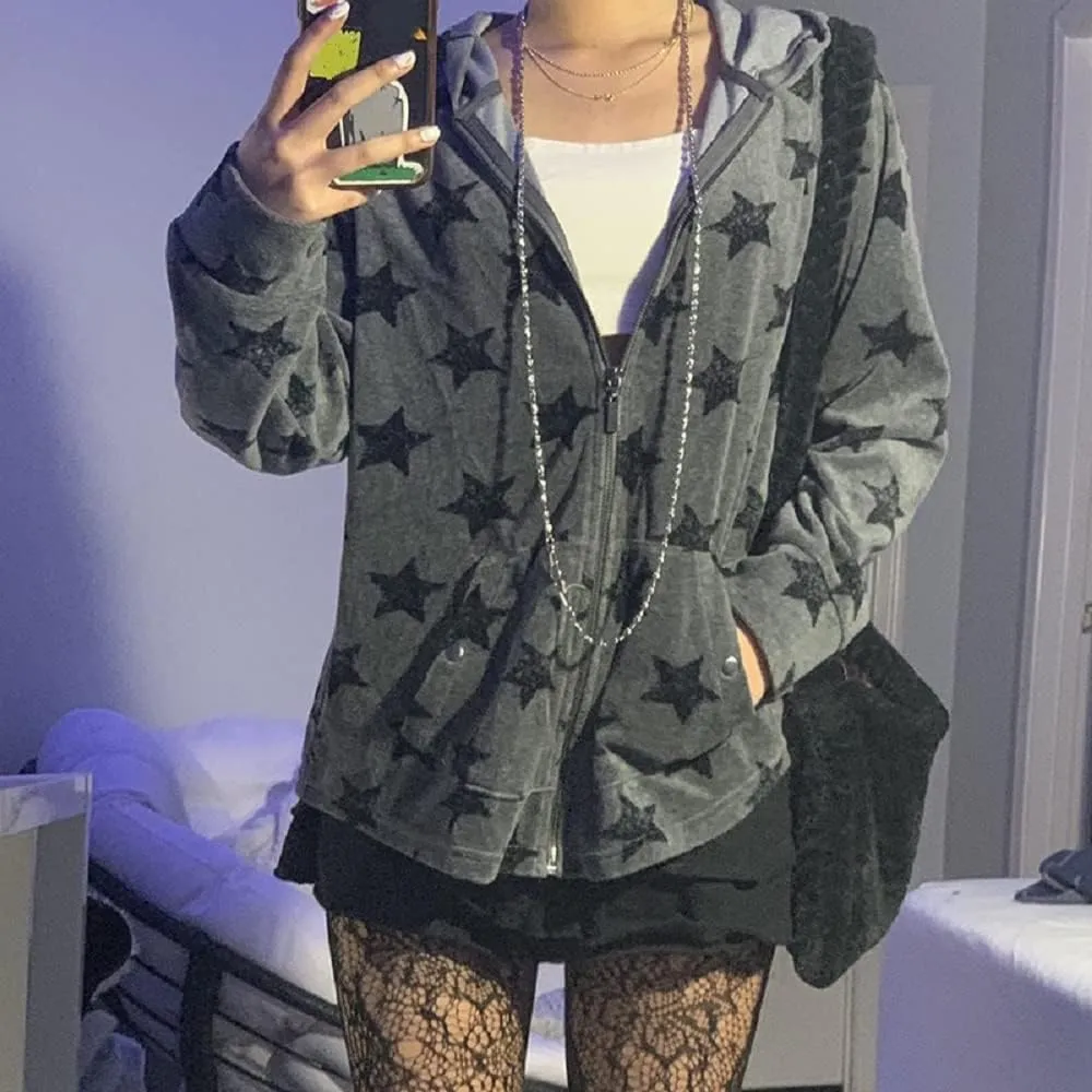 Women Y2K Zip Up Hoodies Graphic Printed Oversized Sweatshirts Vintage Long Sleeve Harajuku Jackets Streetwear