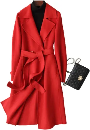Womens 100% Wool Trench Coats Winter Solid Color Cashmere Coat Slim Warm Long Woolen Overcoat Long Sleeves Cardigan Jackets Outwear with Belt,Red,L