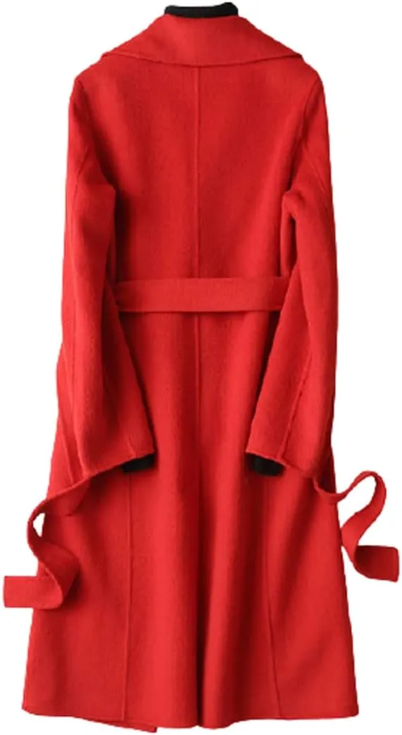 Womens 100% Wool Trench Coats Winter Solid Color Cashmere Coat Slim Warm Long Woolen Overcoat Long Sleeves Cardigan Jackets Outwear with Belt,Red,L