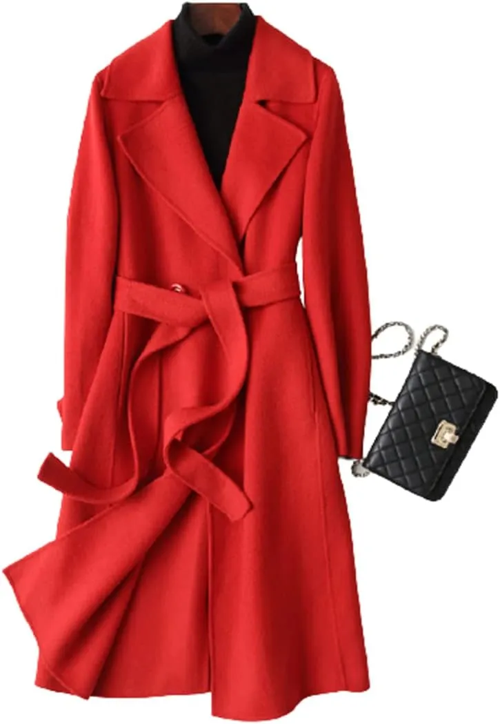 Womens 100% Wool Trench Coats Winter Solid Color Cashmere Coat Slim Warm Long Woolen Overcoat Long Sleeves Cardigan Jackets Outwear with Belt,Red,L