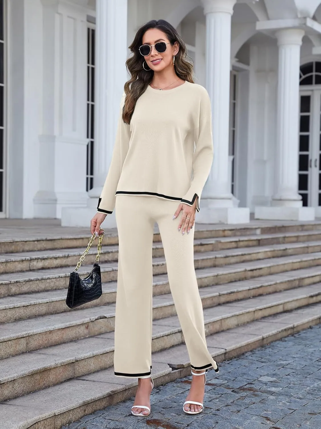 Womens 2 Piece Outfits Long Sleeve Knit Sweater Sets Knit Pullover Tops Wide Leg Pants Lounge Sets Tracksuits