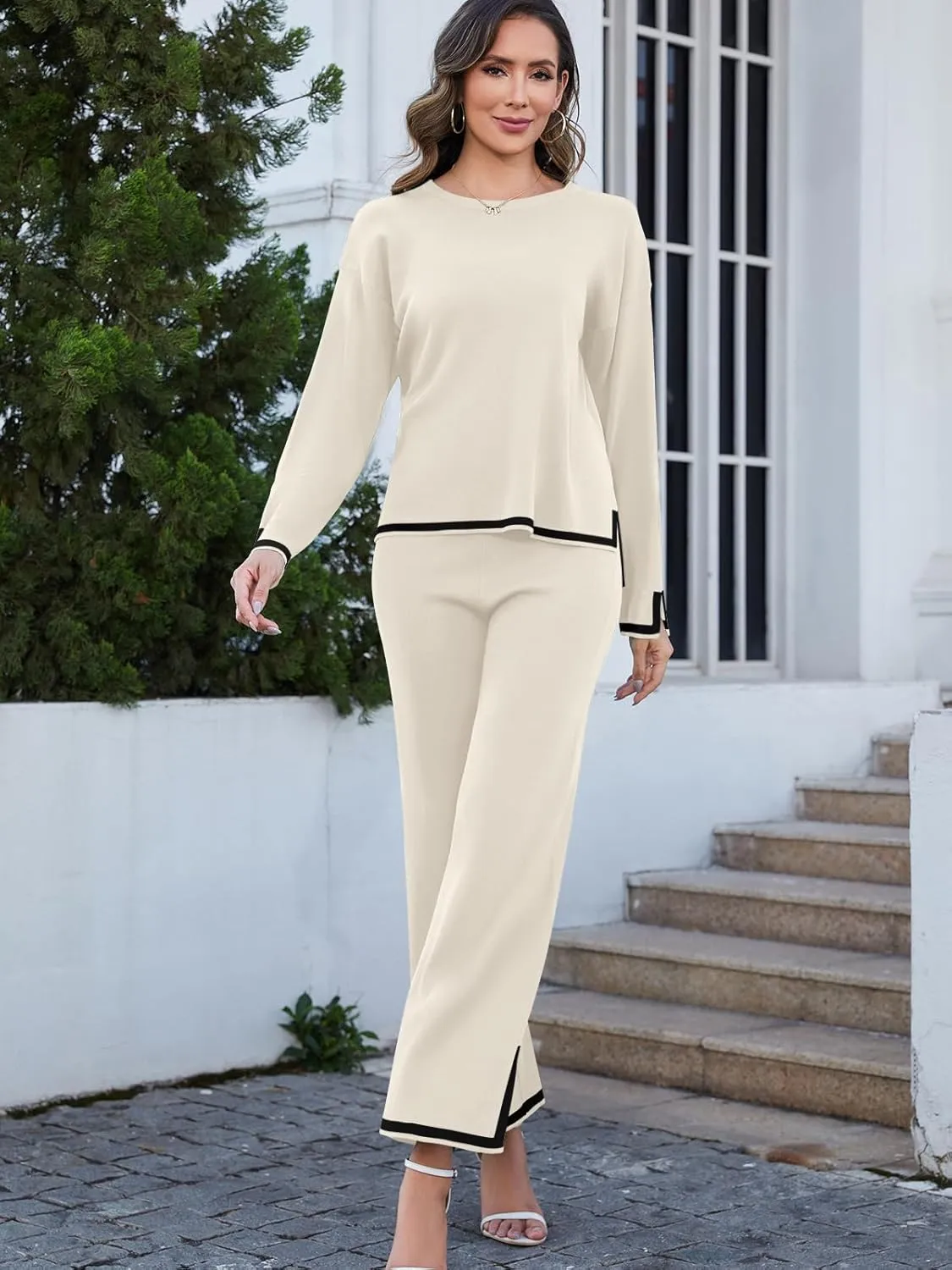 Womens 2 Piece Outfits Long Sleeve Knit Sweater Sets Knit Pullover Tops Wide Leg Pants Lounge Sets Tracksuits