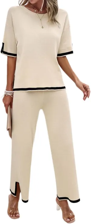 Womens 2 Piece Outfits Summer Sweater Sets Short Sleeve Knit Pullover Tops Wide Leg Pants Lounge Sets Tracksuits