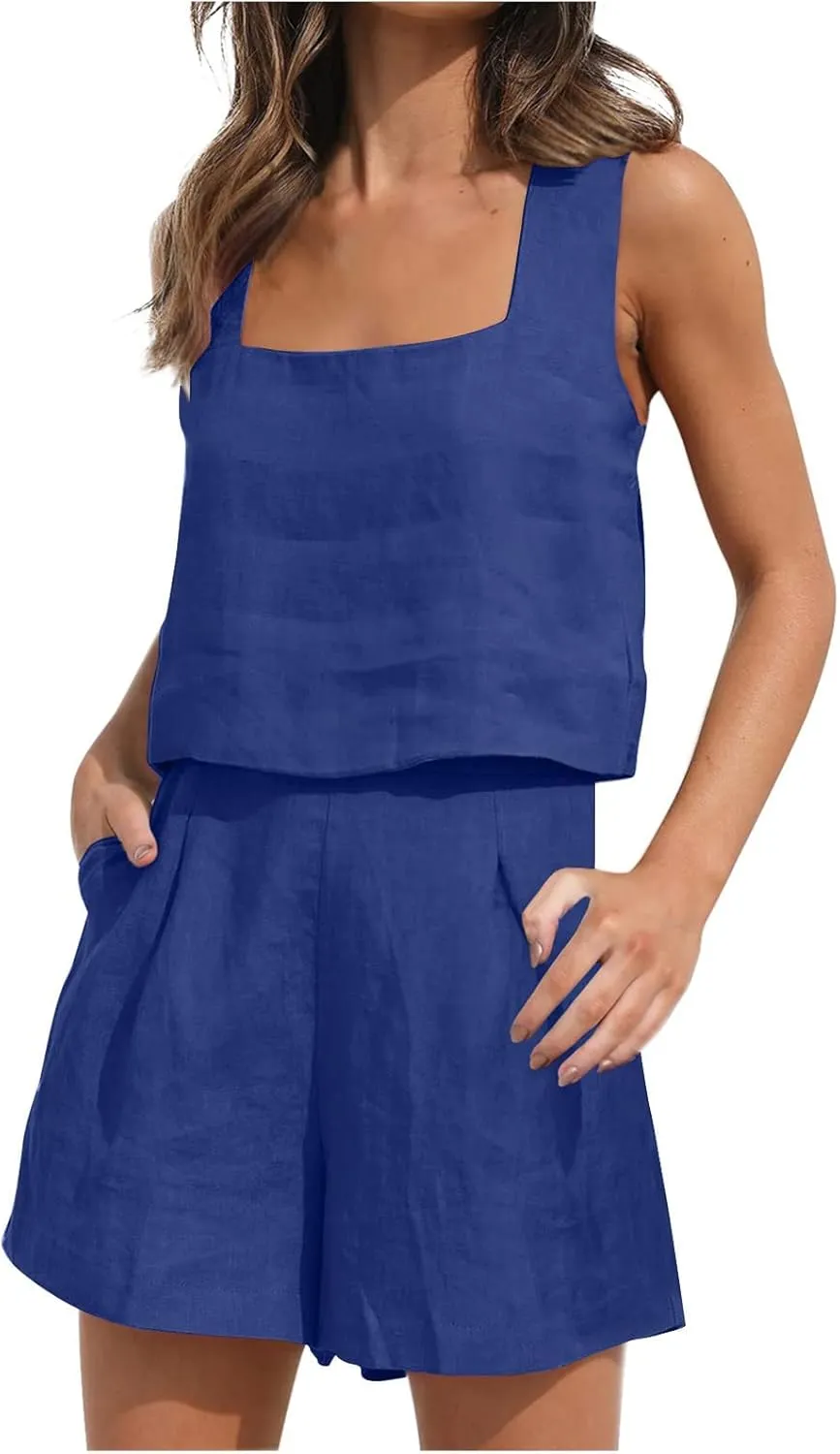 Women's 2 Piece Sets Linen Tank Cropped Tops Matching Lounge Shorts Sets for Women Summer Two Piece Outfits Pajamas