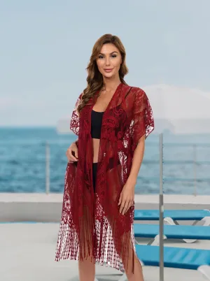 Womens Bathing Suit Cover Up Mesh Swimsuit Coverup Long Sheer Beach Robe Dress Crochet Lace Kimono Summer Cardigan