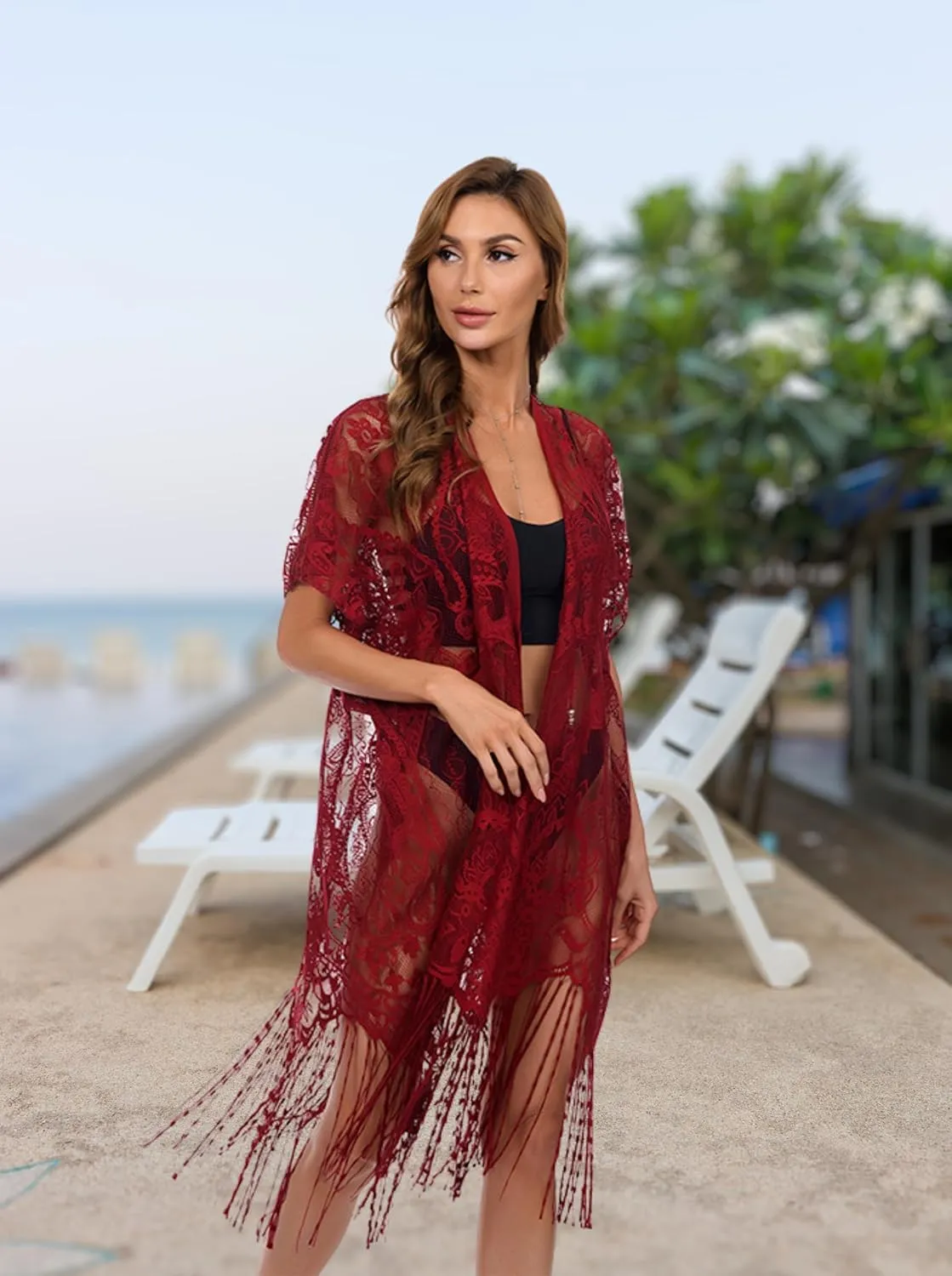 Womens Bathing Suit Cover Up Mesh Swimsuit Coverup Long Sheer Beach Robe Dress Crochet Lace Kimono Summer Cardigan