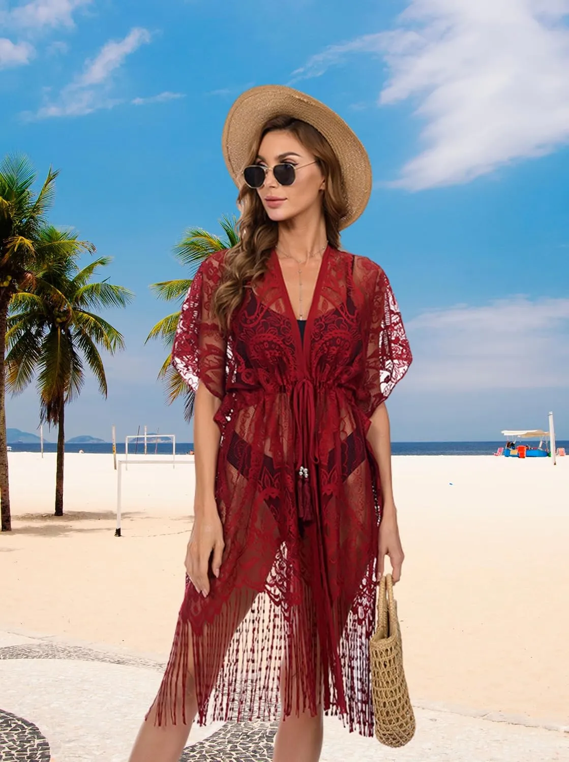 Womens Bathing Suit Cover Up Mesh Swimsuit Coverup Long Sheer Beach Robe Dress Crochet Lace Kimono Summer Cardigan