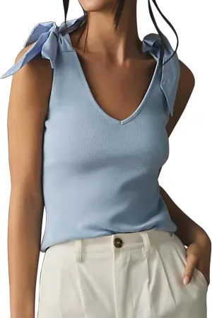 Womens Bow Tie Shoulder Strap Knit Tank Top Cute Slim Fit V Neck Tie Strap Tank Tops Sleeveless Camisoles