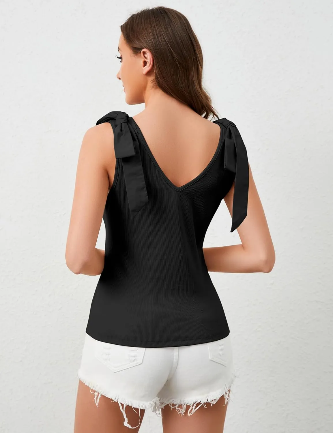 Womens Bow Tie Shoulder Strap Knit Tank Top Cute Slim Fit V Neck Tie Strap Tank Tops Sleeveless Camisoles