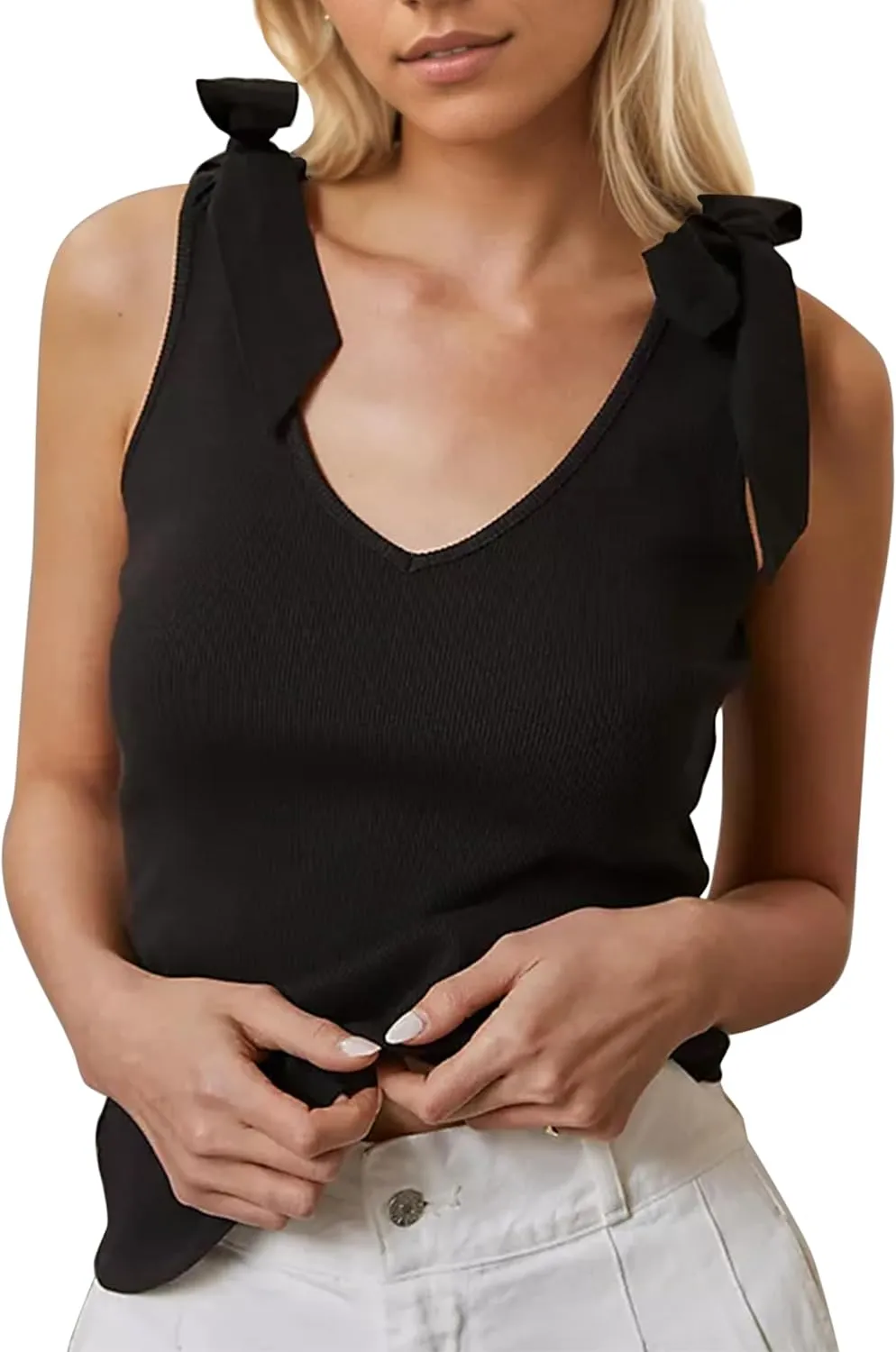 Womens Bow Tie Shoulder Strap Knit Tank Top Cute Slim Fit V Neck Tie Strap Tank Tops Sleeveless Camisoles