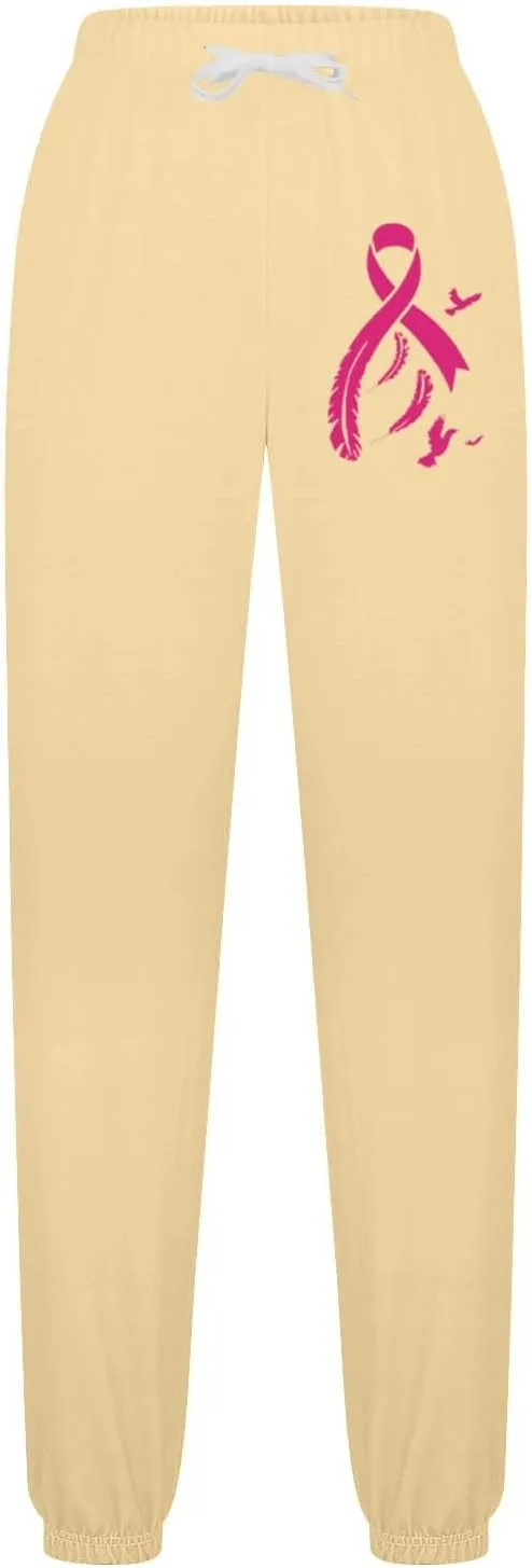 Womens Breast Cancer Awareness Sweatpants Pink Ribbon Print High Wasited Trousers Baggy Workout Active Jogger Pants