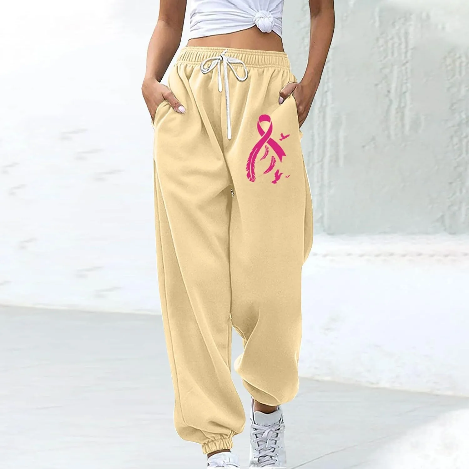 Womens Breast Cancer Awareness Sweatpants Pink Ribbon Print High Wasited Trousers Baggy Workout Active Jogger Pants