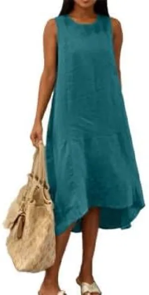 Women's Casual Asymmetrical Midi Tank Linen Dress Swing Modest Long Beach Sundresses Sleeveless High-Low Dresses with Pockets