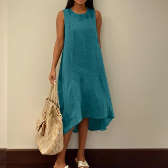 Women's Casual Asymmetrical Midi Tank Linen Dress Swing Modest Long Beach Sundresses Sleeveless High-Low Dresses with Pockets