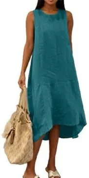 Women's Casual Asymmetrical Midi Tank Linen Dress Swing Modest Long Beach Sundresses Sleeveless High-Low Dresses with Pockets