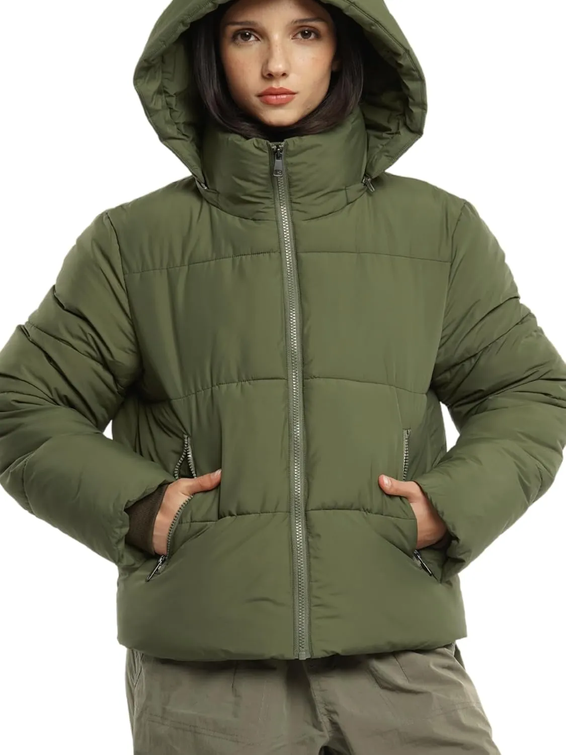 Women's Cropped Puffer Jackets,Warm Winter Jacket with Removable Hood,Zipped Pockets,Short Ladies Quilted Coat