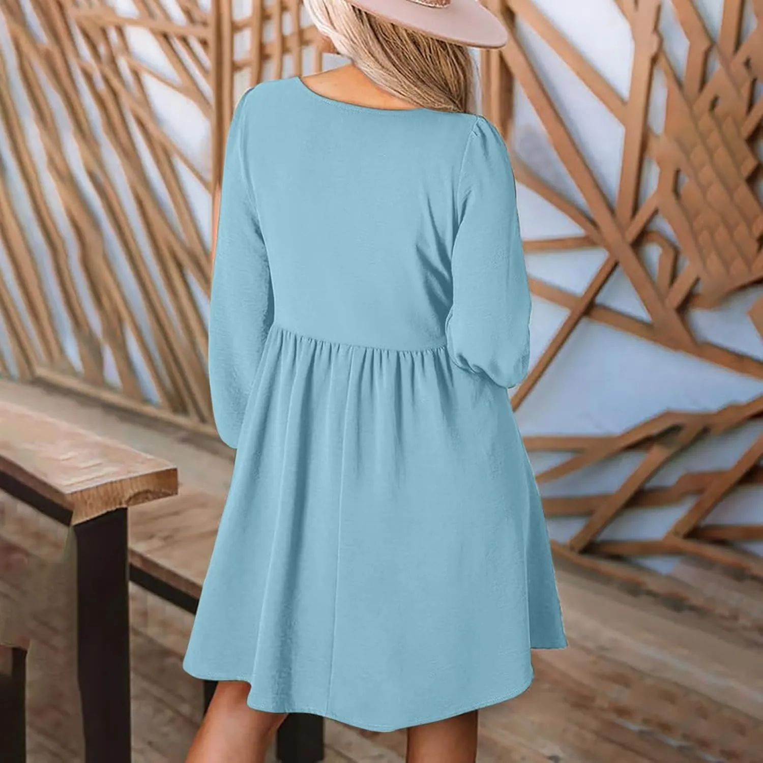 Womens Fall Fashion 2024 Dresses Causal Dressy Long Sleeve Smocked Crewneck Button Up Empire Waist A-Line Mini Dress
