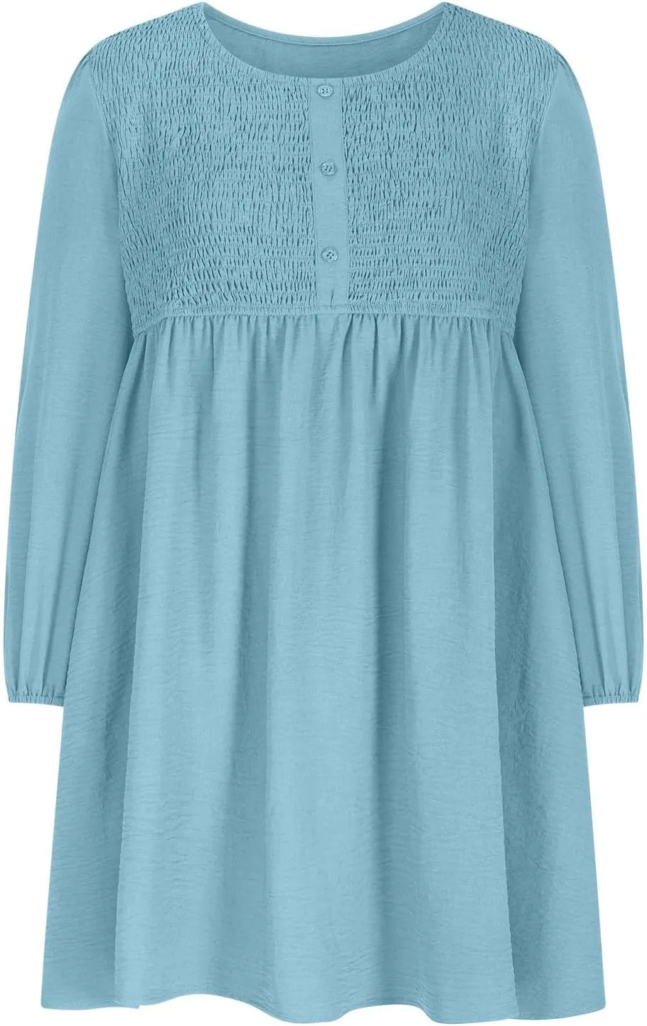 Womens Fall Fashion 2024 Dresses Causal Dressy Long Sleeve Smocked Crewneck Button Up Empire Waist A-Line Mini Dress