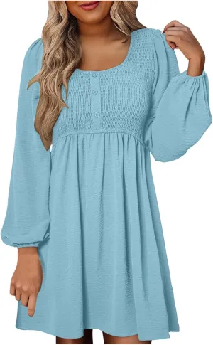 Womens Fall Fashion 2024 Dresses Causal Dressy Long Sleeve Smocked Crewneck Button Up Empire Waist A-Line Mini Dress