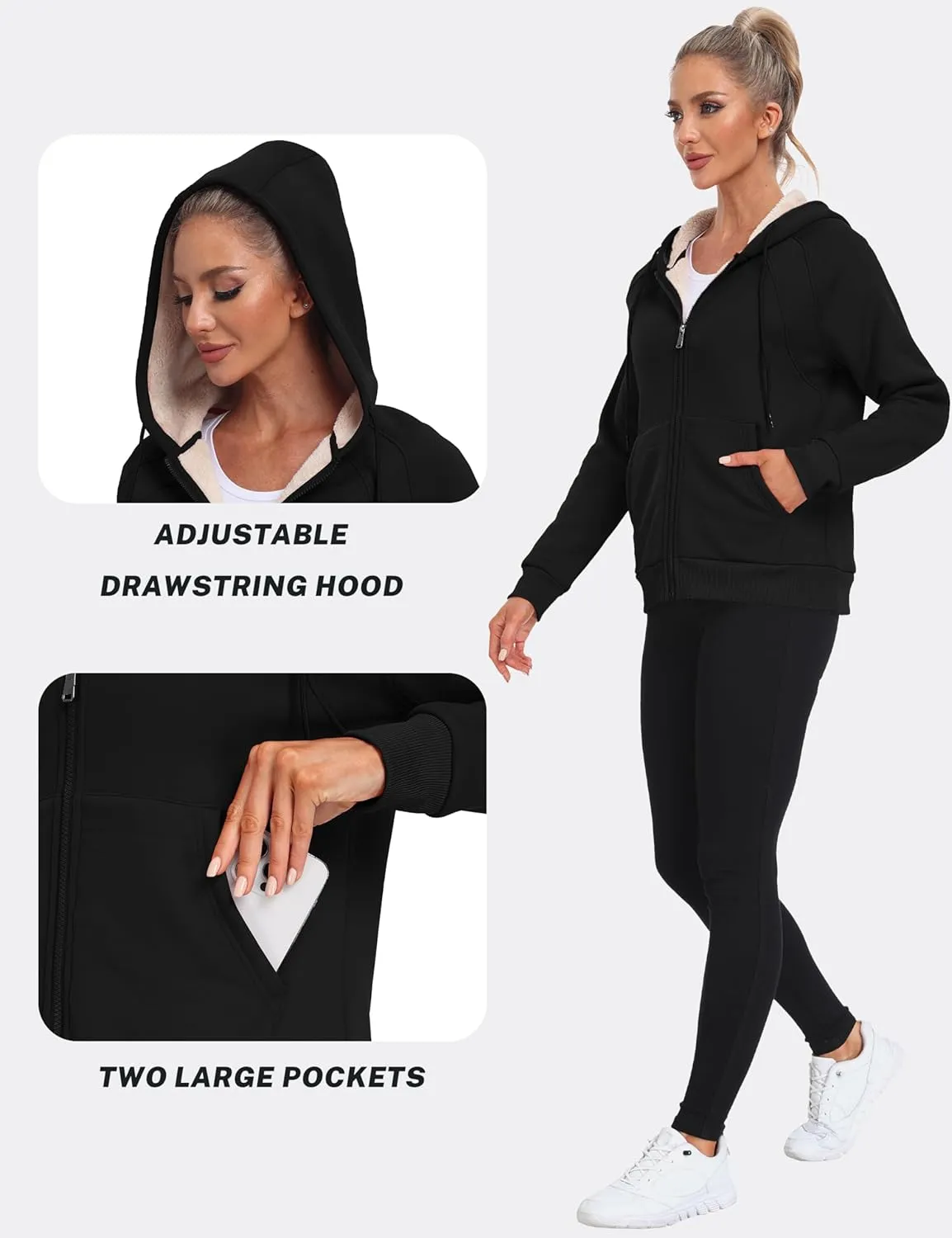 Womens Fleece Lined Hoodie Jackets Full Zip Hoodies with Zipper Pocket Warm Hoodie Sweatshirts for Women