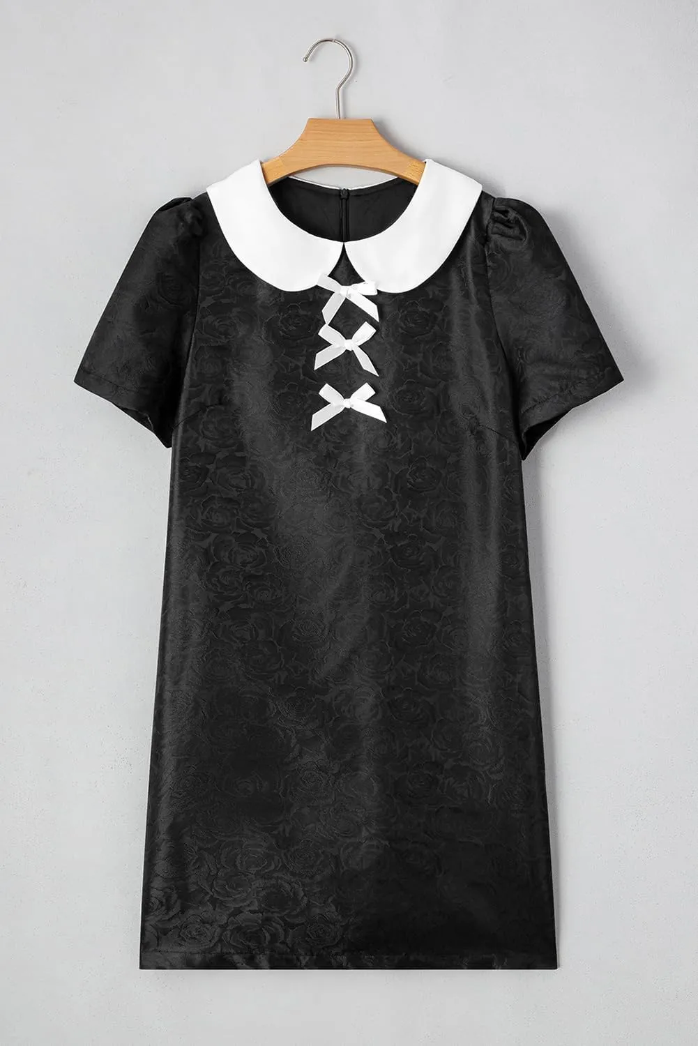 Women's Floral Jacquard Mini Dress Bow Boho Crew Neck Puff Short Sleeve Babydoll Dress with Pockets