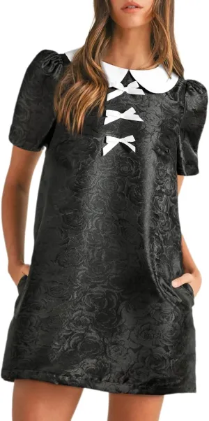 Women's Floral Jacquard Mini Dress Bow Boho Crew Neck Puff Short Sleeve Babydoll Dress with Pockets
