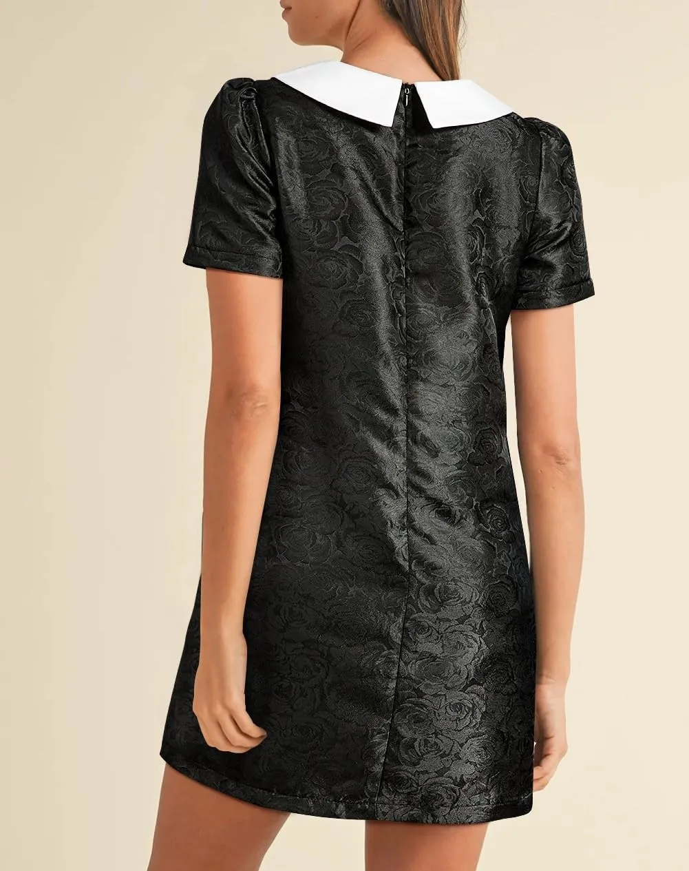 Women's Floral Jacquard Mini Dress Bow Boho Crew Neck Puff Short Sleeve Babydoll Dress with Pockets