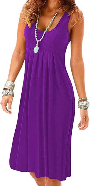 Women's Floral Print Swing Tank Dress Crew Neck Cinched Waist Sundress Lightweight Dressy Midi Dresses