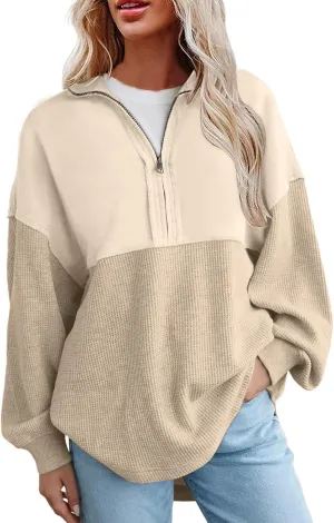 Womens Half Zip Up Sweatshirt Trendy Long Sleeve Oversized Pullover Tops Waffle Knit Hoodies Fall Outfits 2024
